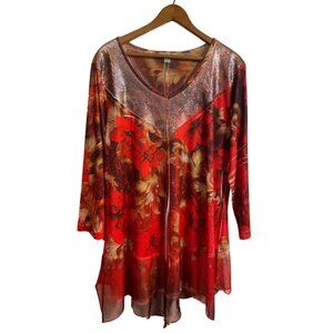 ONE WORLD Red & Gold Sequin Floral Tunic - 3/4 Sleeve - Size L